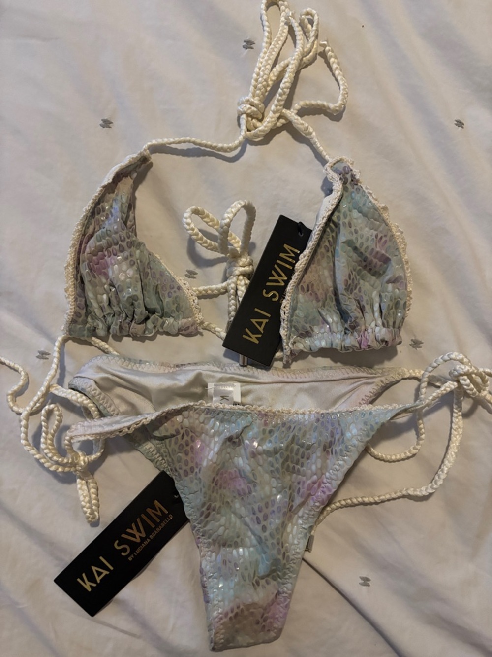 Kai Swim Iridescent Pastel Triangle Bikini Snakeskin Brazilian Beach Vacation S